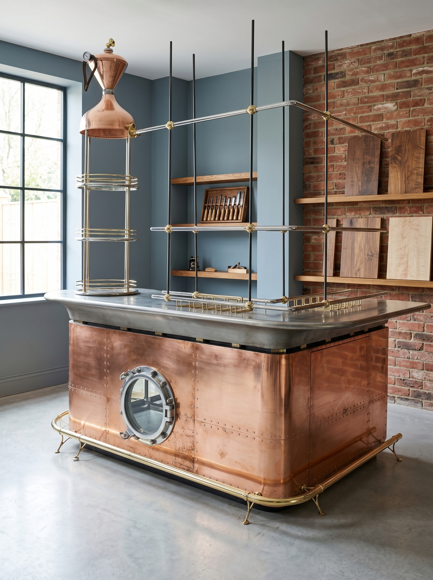 Bespoke copper and brass kitchen island feature